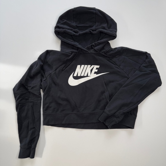 NIKE Essential Cropped Pullover Hoodie Sweatshirt Womens Small Black Fleece‎ - Picture 1 of 10